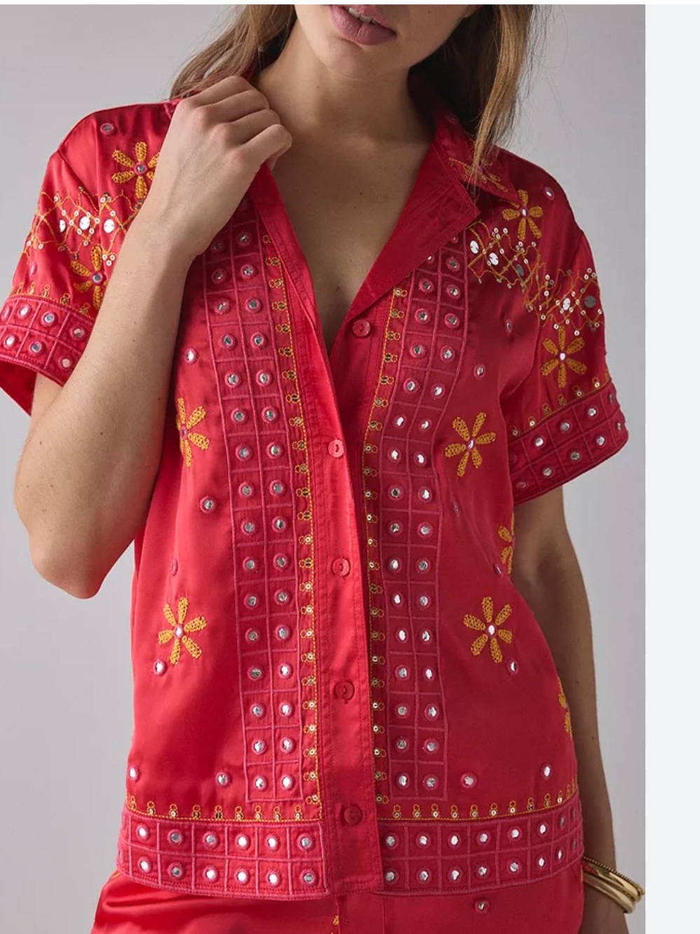 BDG Nash Satin Mirror Sequin Souvenir Short Sleeve Button-Down Shirt NWOT